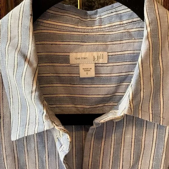 J Jill Love Linen Shirt Dress Women's Size Small Blue Striped Pockets EUC - Picture 2 of 8